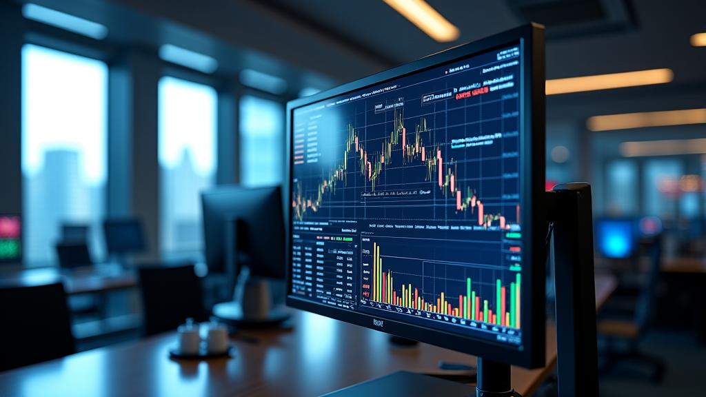 Ein geschäftiges Büro mit Monitoren, die Finanzdaten anzeigen, symbolisiert umfassende Finanzdienstleistungen.