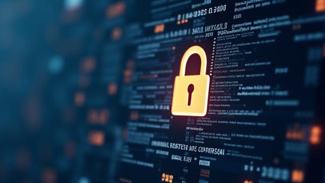 Ein stilisiertes Schloss auf einem Bildschirm, umgeben von Gesetzestexten, das Datenschutz und Regulierung darstellt.