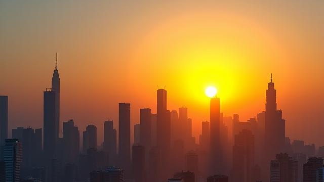 Eine aufgehende Sonne über einer Stadtlandschaft, die wirtschaftliche Erholung und Wachstum darstellt.